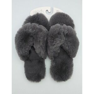 NWT Lemon Women's Dark Charcoal Grey Faux Fur Cross Strap Slippers M/L 7/8